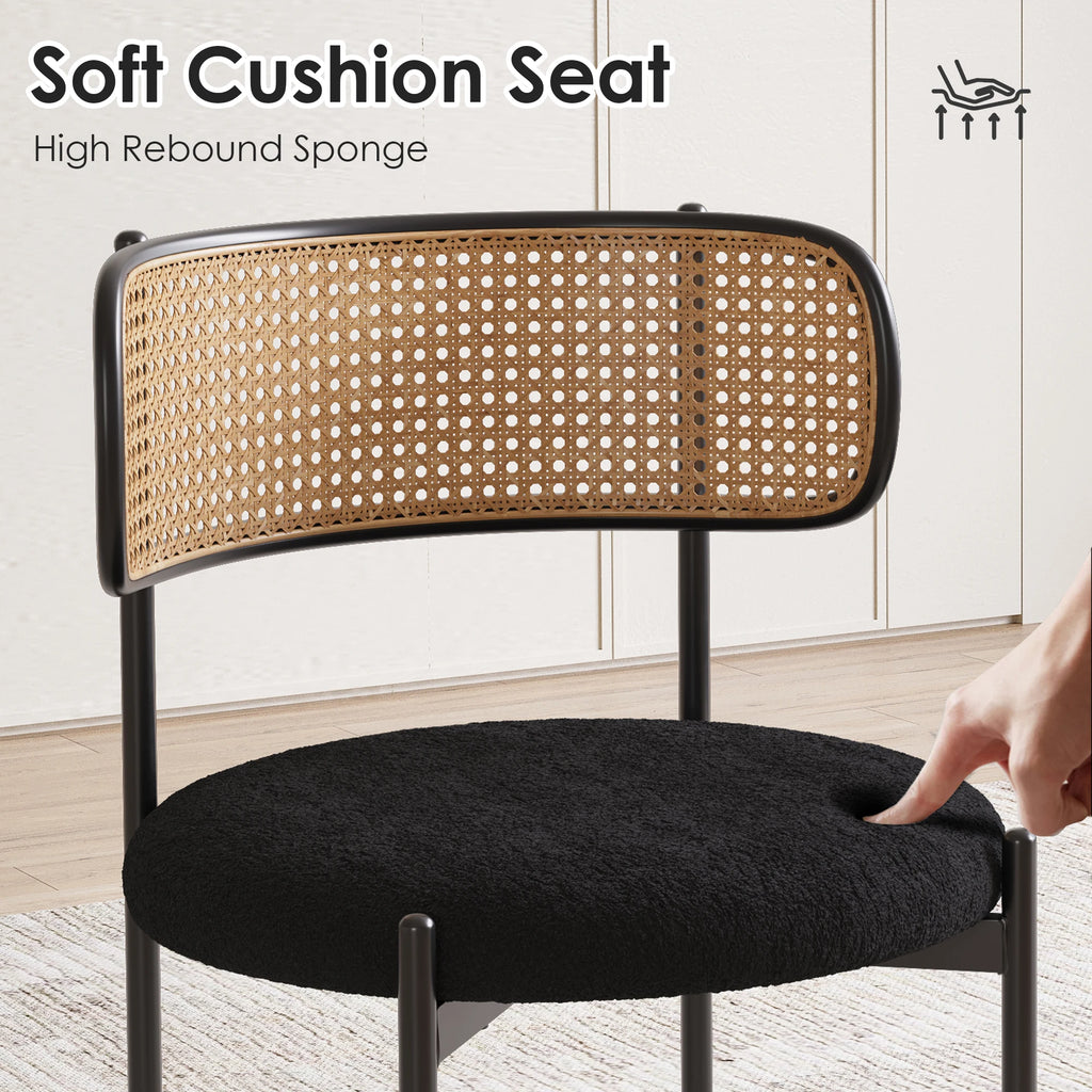 Best Selling Dining Room Kitchen Fabric Upholstered Rattan Back Dining Chair with Black Metal Legs
