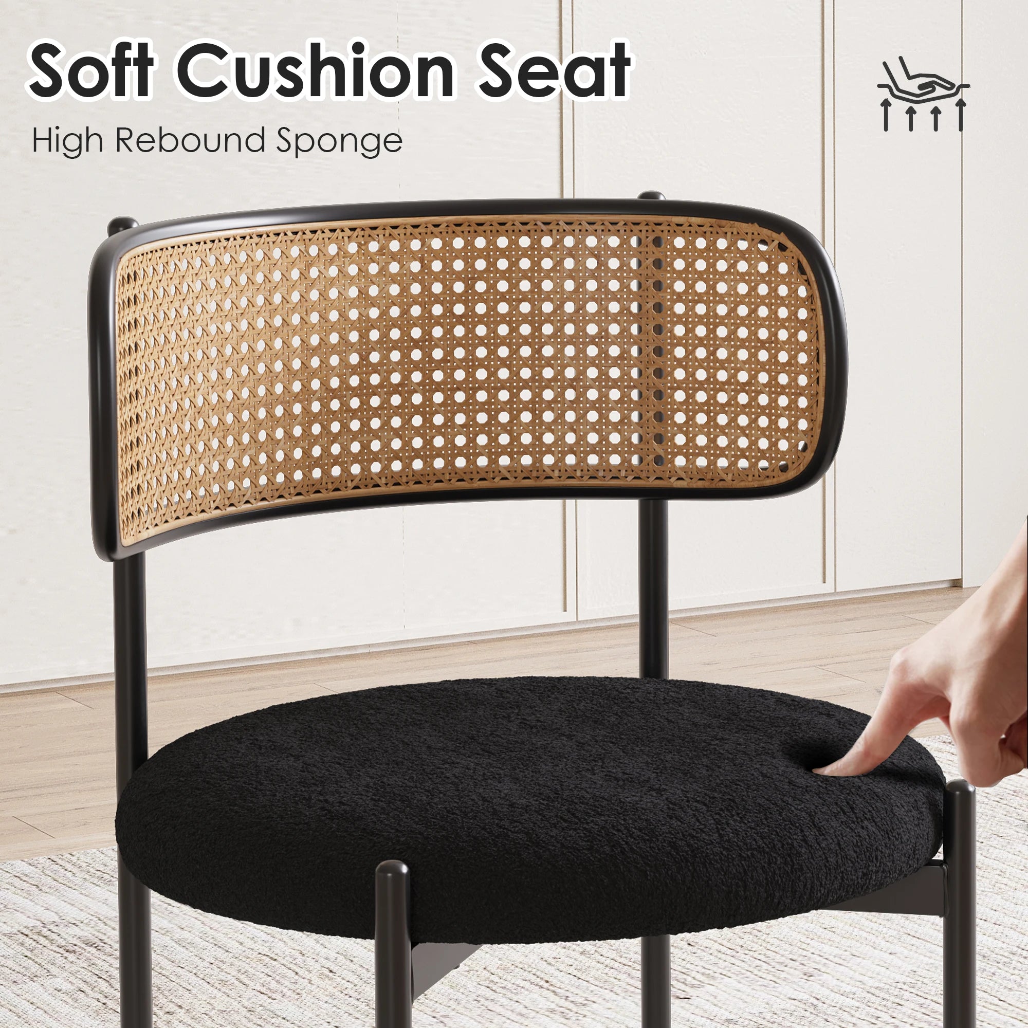 Best Selling Dining Room Kitchen Fabric Upholstered Rattan Back Dining Chair with Black Metal Legs