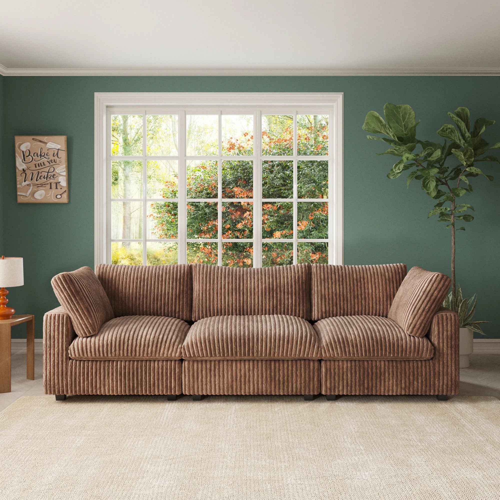 VOXHOME US Drop Shipping Apartment 3 Seater American Corduroy Sofa Living Room Furniture Brown Modular Sectional Couch Sofa Set