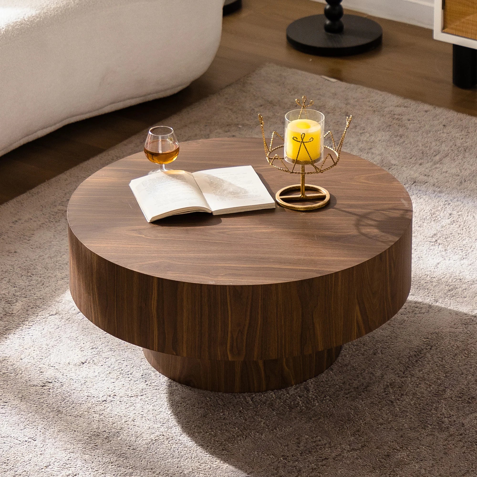 Modern Round Wood 30.51 Inch Coffee Table for Living Room Bedroom Office-Walnut Finish Home Furniture Side Table