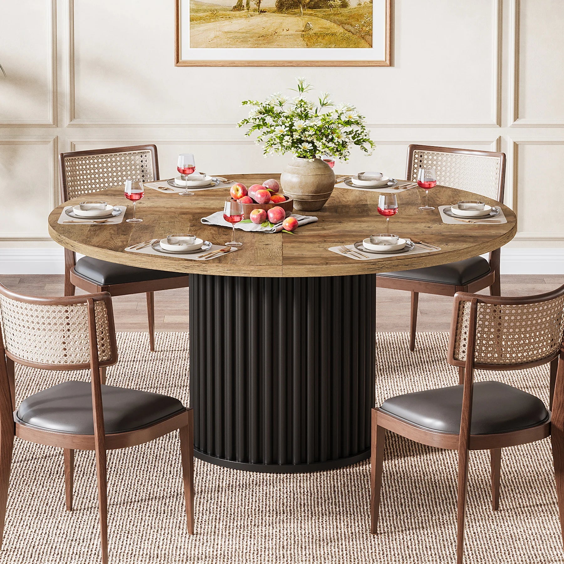 Tribesigns 47 Inch Round Dining Table With Fluted Base for 4 6 Modern Farmhouse in Brown Black for Kitchen Living Room