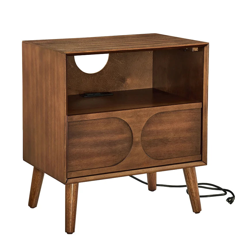 Mid Century Modern Fluted Bedroom Nightstand with Charging Station USB Ports & Outlet Hole & 4 Solid Wood Legs Eco-Friendly
