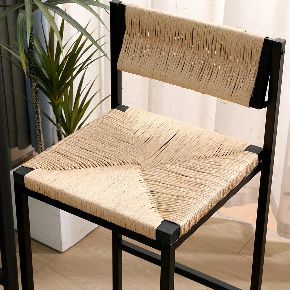 Honey Bar Stools Set of 2 Paper Rope Weave Dining Chairs with Back Hand Weave Stools for Kichen Island