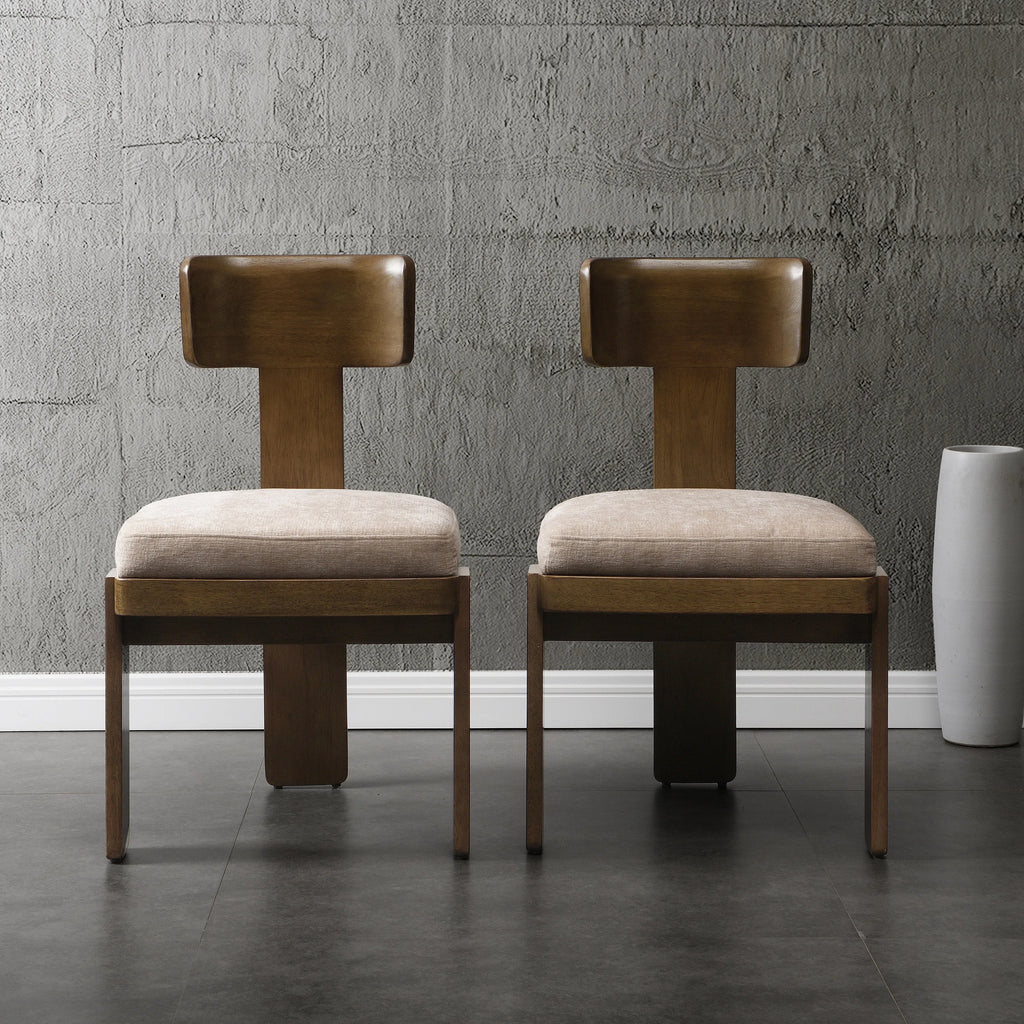 Modern Apartment Upholstered Dining Chairs Set of 2 Fabric Side Chairs with Beige Seating Light Brown Solid Rubber Wood Legs
