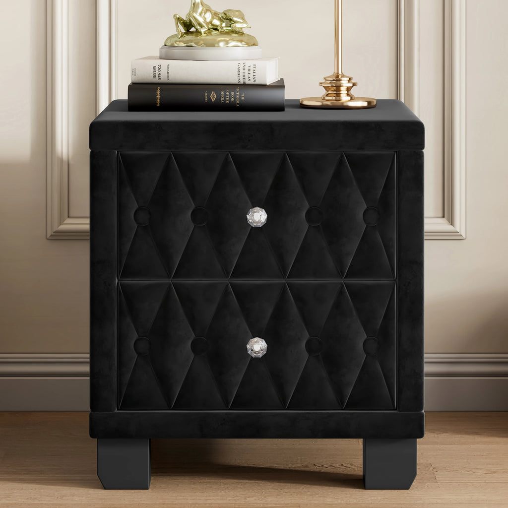 Elegant Luxury Modern Velvet Bedroom Nightstand 2 Drawers Crystal Handle Button-Tufted Pink Panel Design Durable Home Furniture