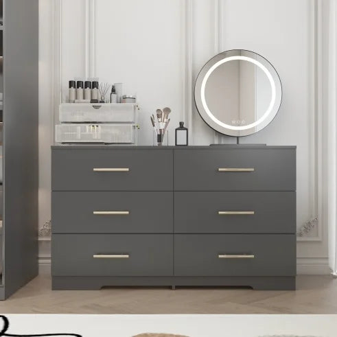 Modern Lighted Black Large 6-Drawers Chest of Drawers Dressers Table Golden Handles (Mirror Not Included) for Bedroom Hotel Use