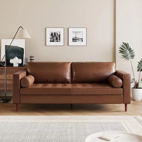 Mirod Mid- Modern PU Leather 3-Seat Sofa Tufted Design Solid Wood Legs 2 Bolster Pillows Living Room Home Office