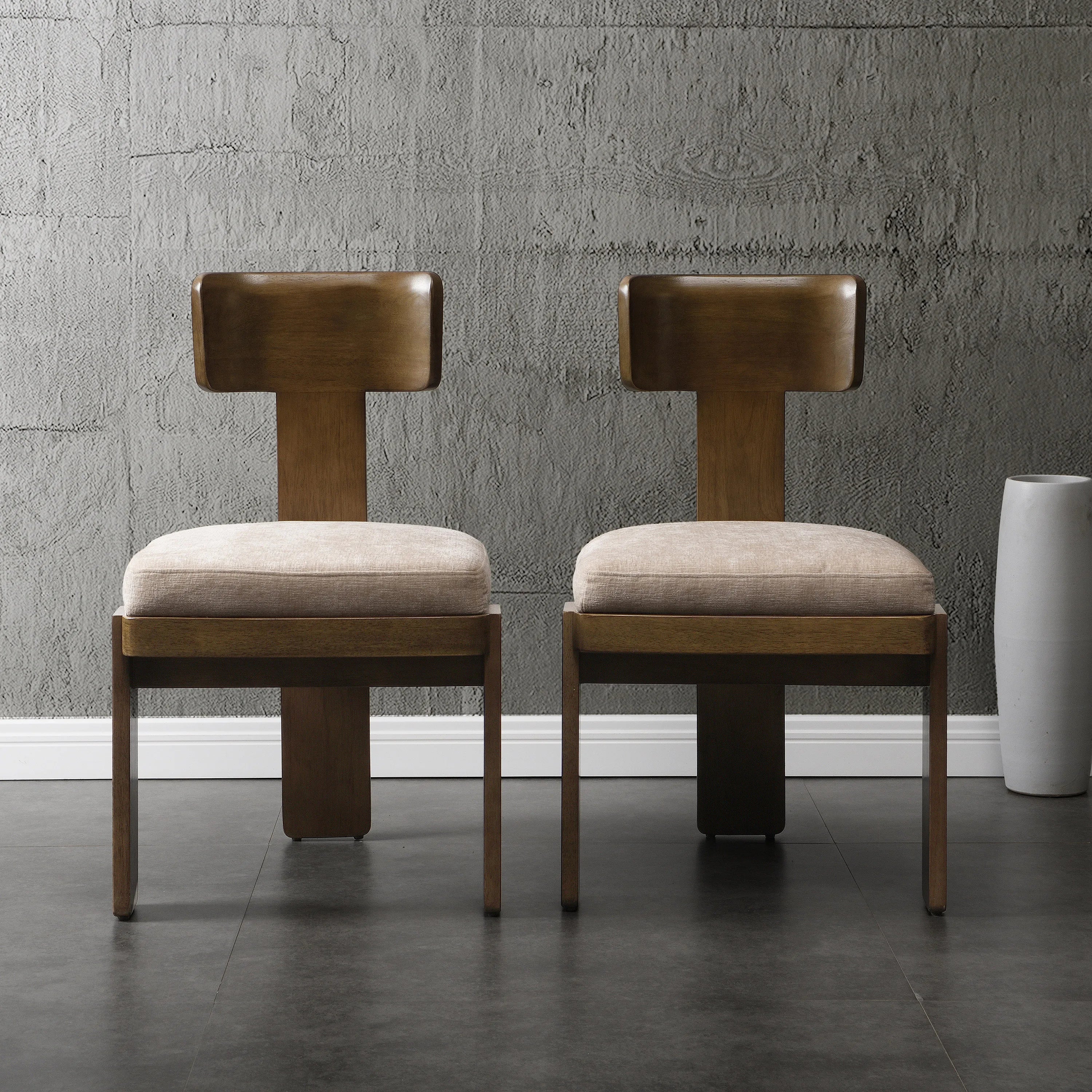 Modern Apartment Upholstered Dining Chairs Set of 2 Fabric Side Chairs with Beige Seating Light Brown Solid Rubber Wood Legs