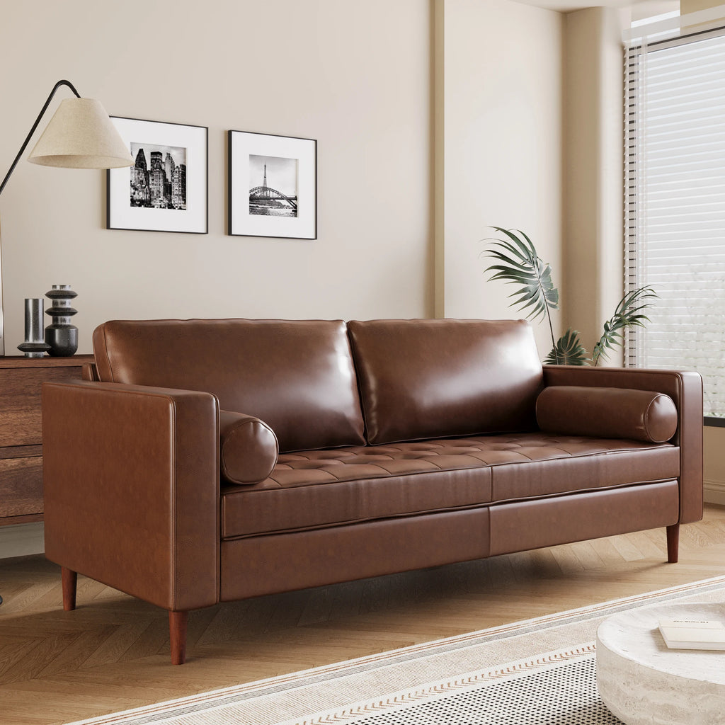Mirod Mid- Modern PU Leather 3-Seat Sofa Tufted Design Solid Wood Legs 2 Bolster Pillows Living Room Home Office