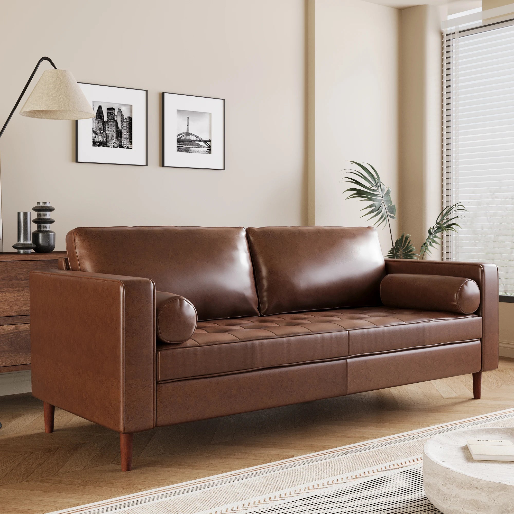 Mirod Mid- Modern PU Leather 3-Seat Sofa Tufted Design Solid Wood Legs 2 Bolster Pillows Living Room Home Office