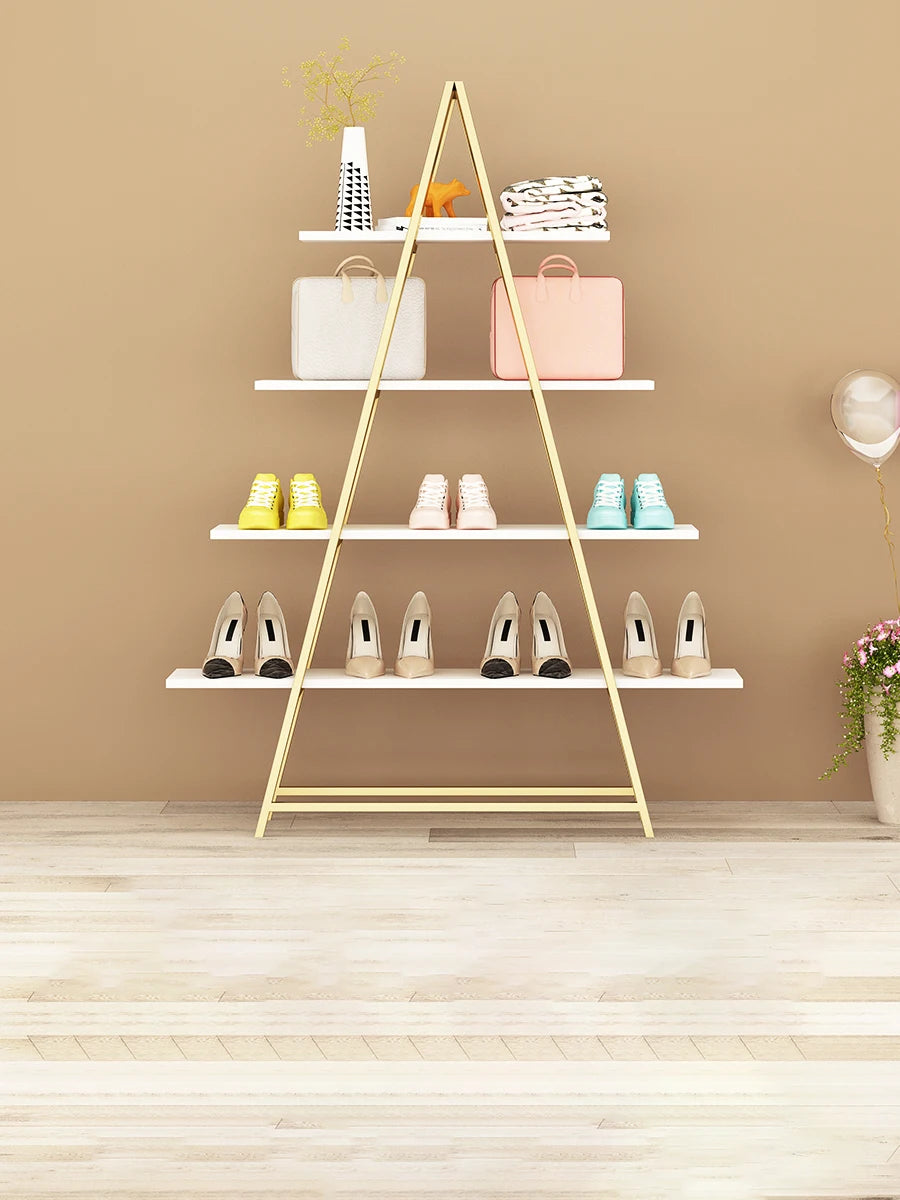 Store Multi-layer Shop Furniture Metal Display Stand Glossy Stainless Steel Gold Shoe Bag Display Rack Display Shelf