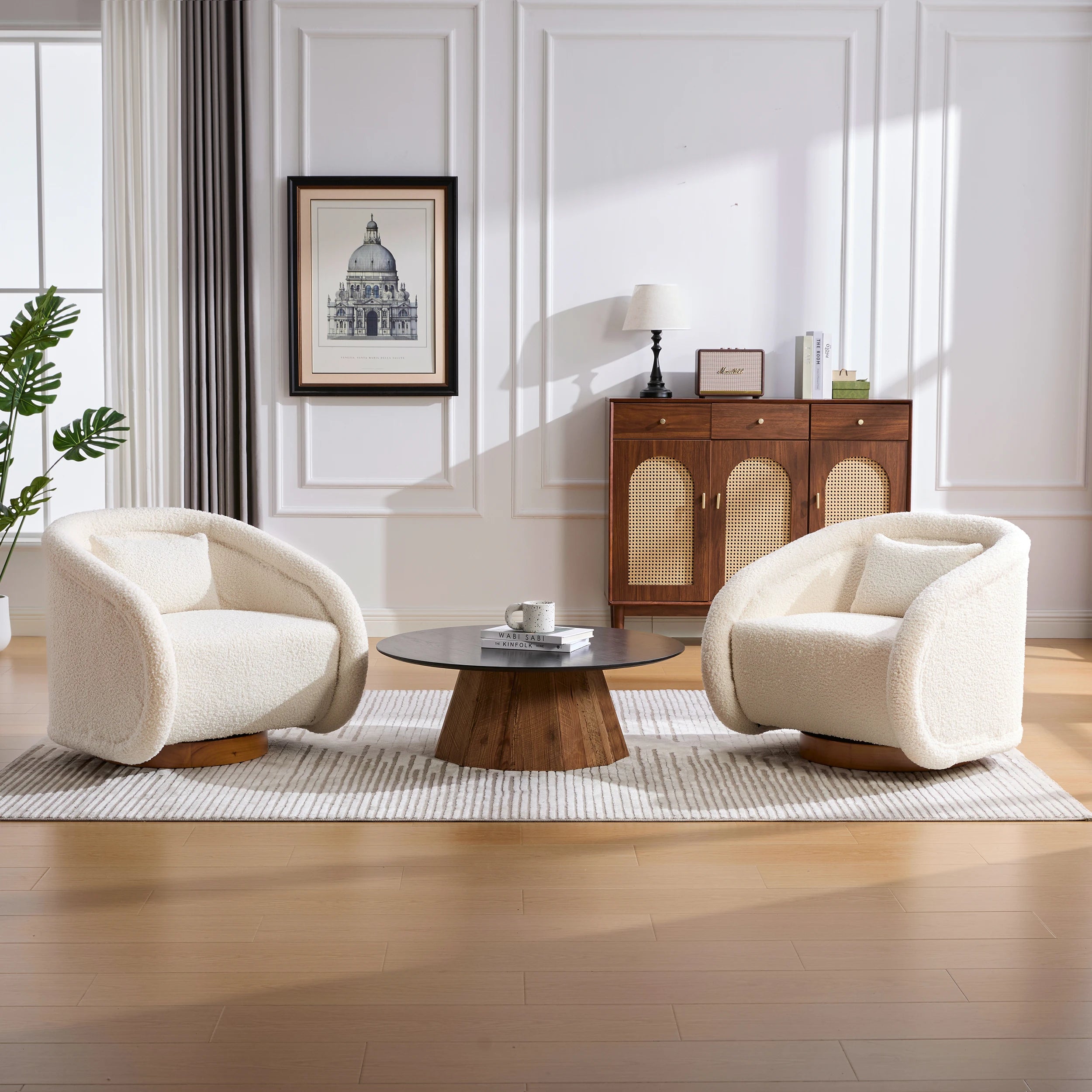 Simple Design Beige Teddy Decor Round Swivel Barrel Accent Arm Chair with Wooden Base for Living Room
