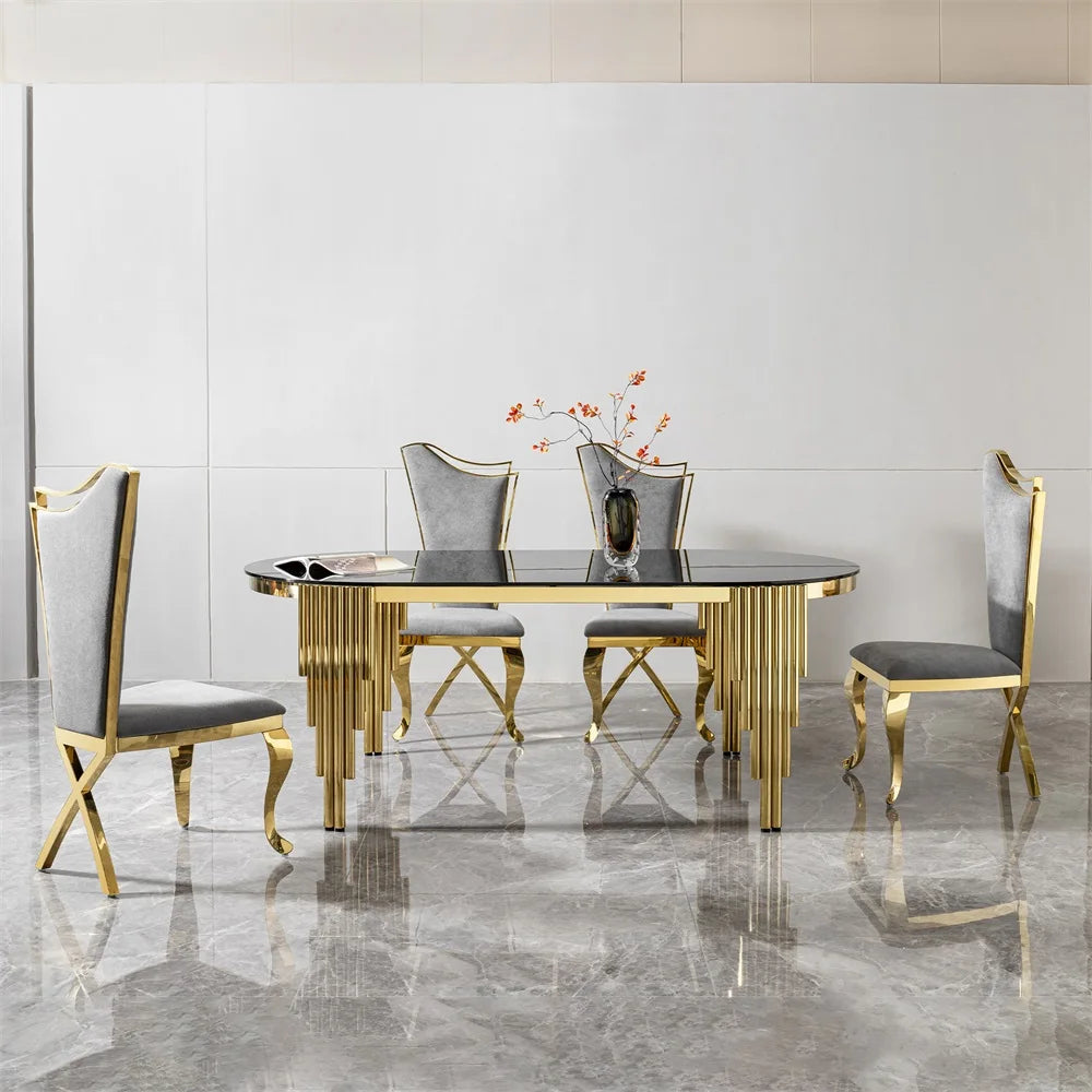Oval Silla De Comedor Modern Luxury Gold Stainless Steel and Black Glass Dining Table