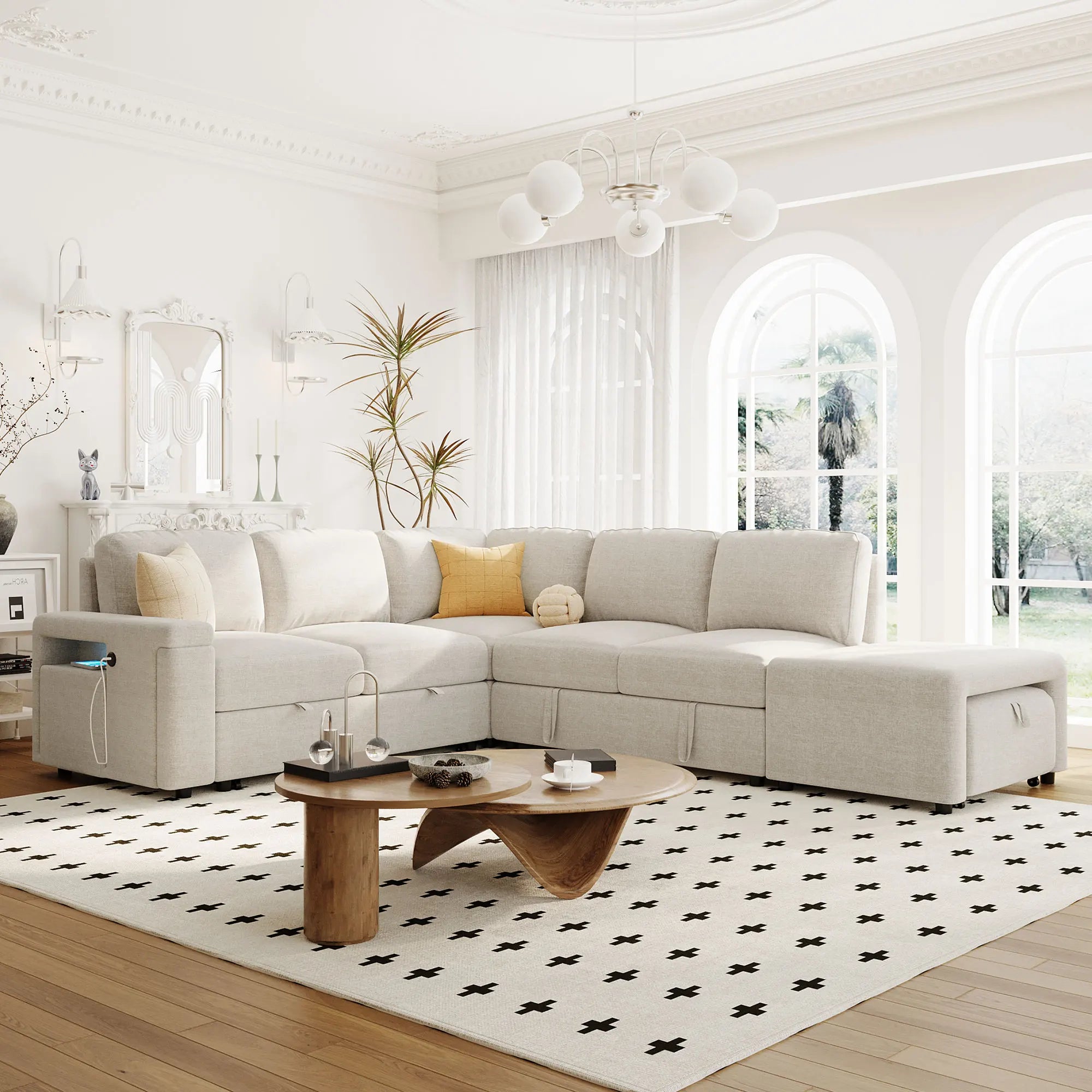 OE HOME Modern L-shaped Chenille Padded Modular Sofa with Storage USB Ports & Cup Holders for Living Rooms
