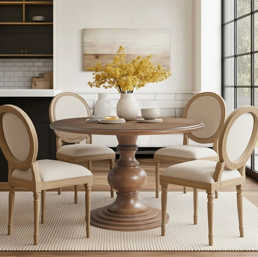 46" Round Pedestal Dining Table Walnut Modern Solid Wood Assembled