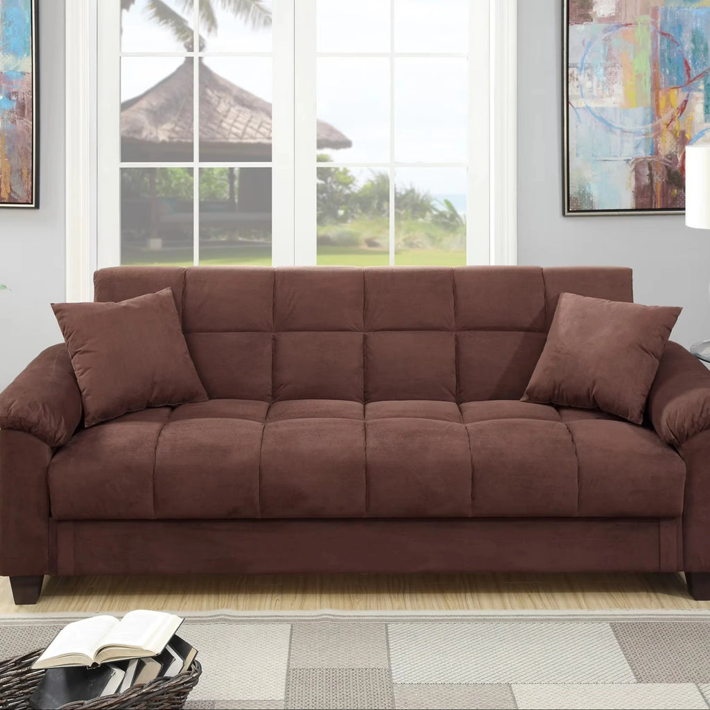 Living Room Adjustable Sofa Chocolate Color Microfiber Plush Storage Couch 1pc Futon Sofa w Pillows
