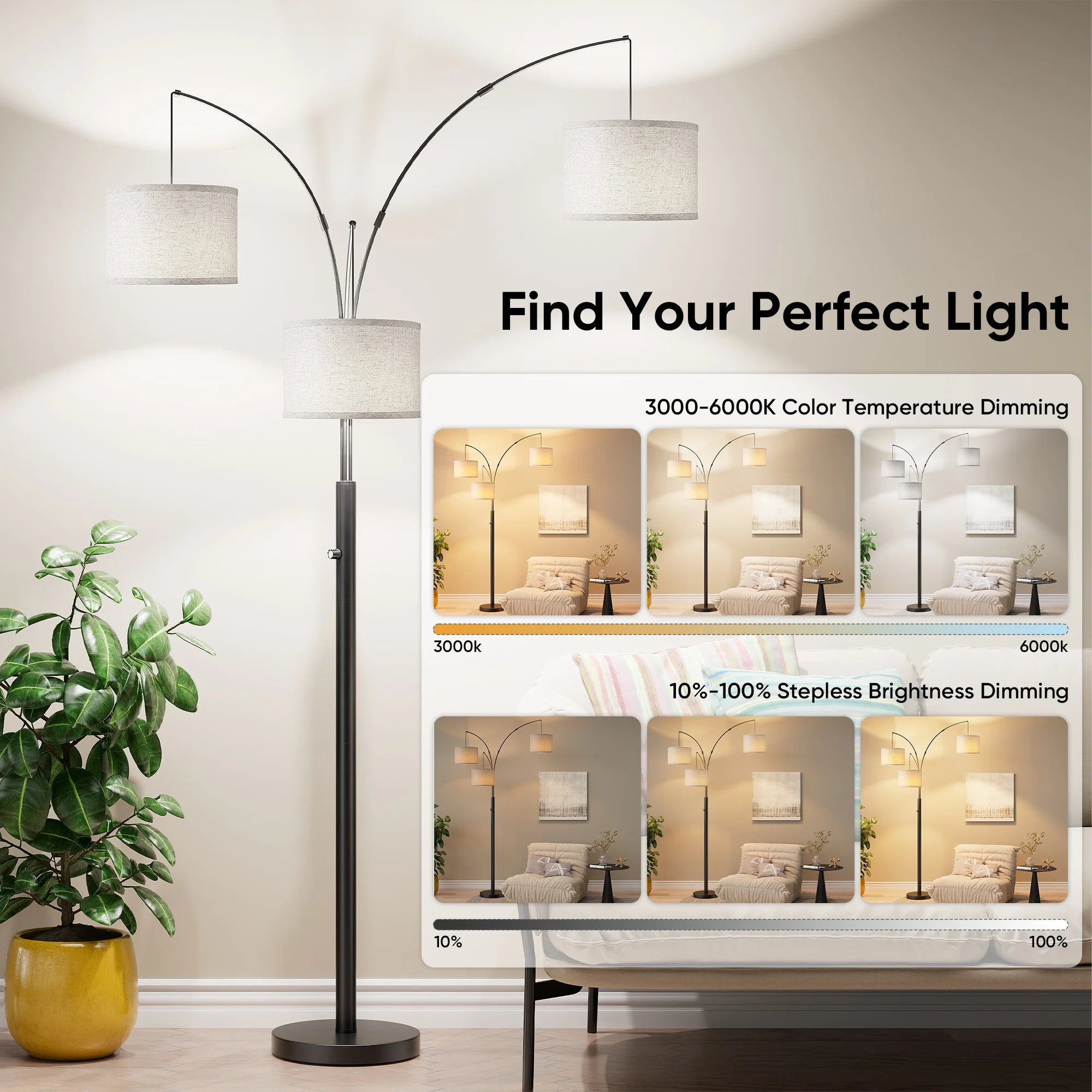 Modern 3-Head Dimmable Floor Lamp