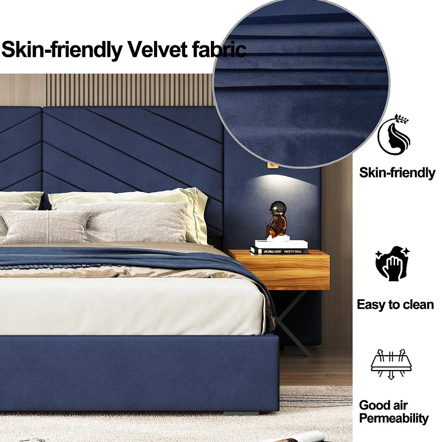 Queen Size Modern Adjustable Velvet Bed Frame with Vertical Channel Tufted Wingback Headboard and Upholstered Platform Bed