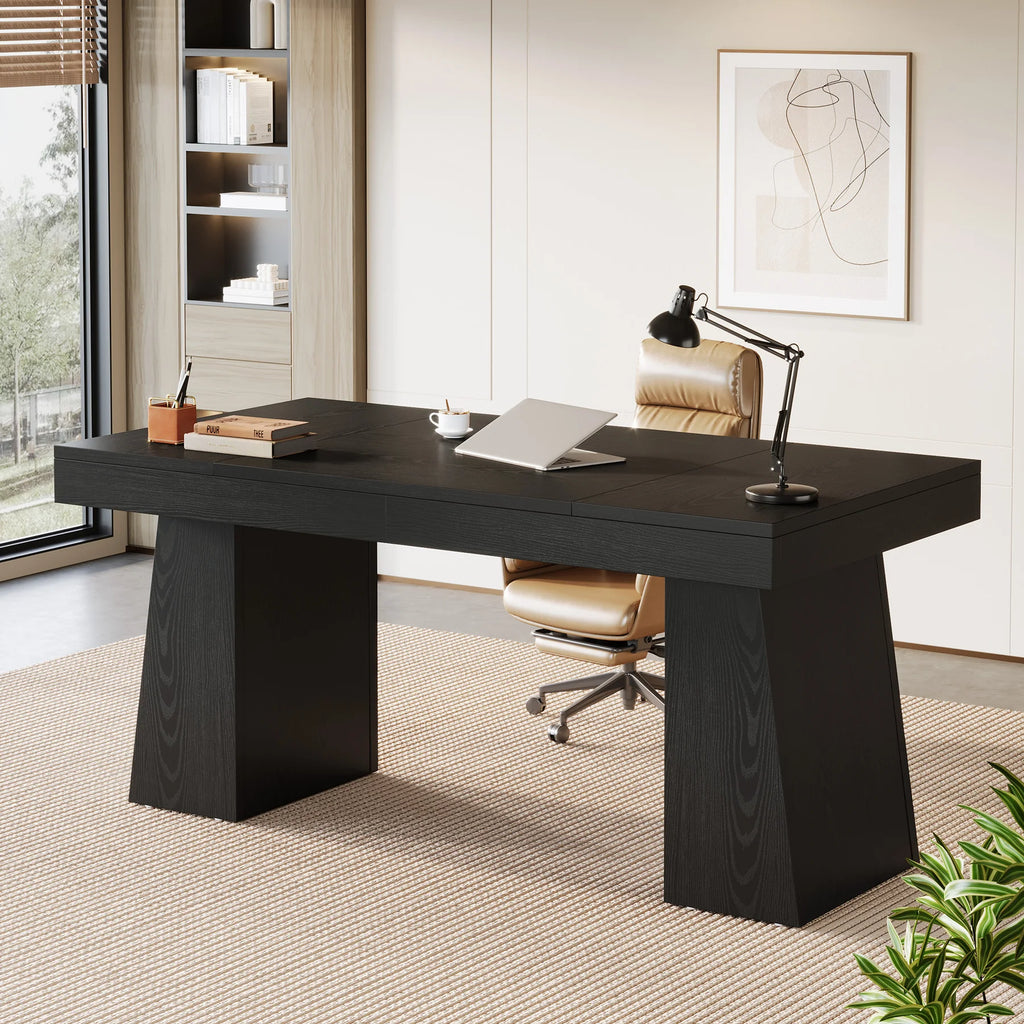 US Local 55 Inches Executive Desk, Mid-Century Modern Home Office Desk, Wood Computer Desk Business Workstation Desk