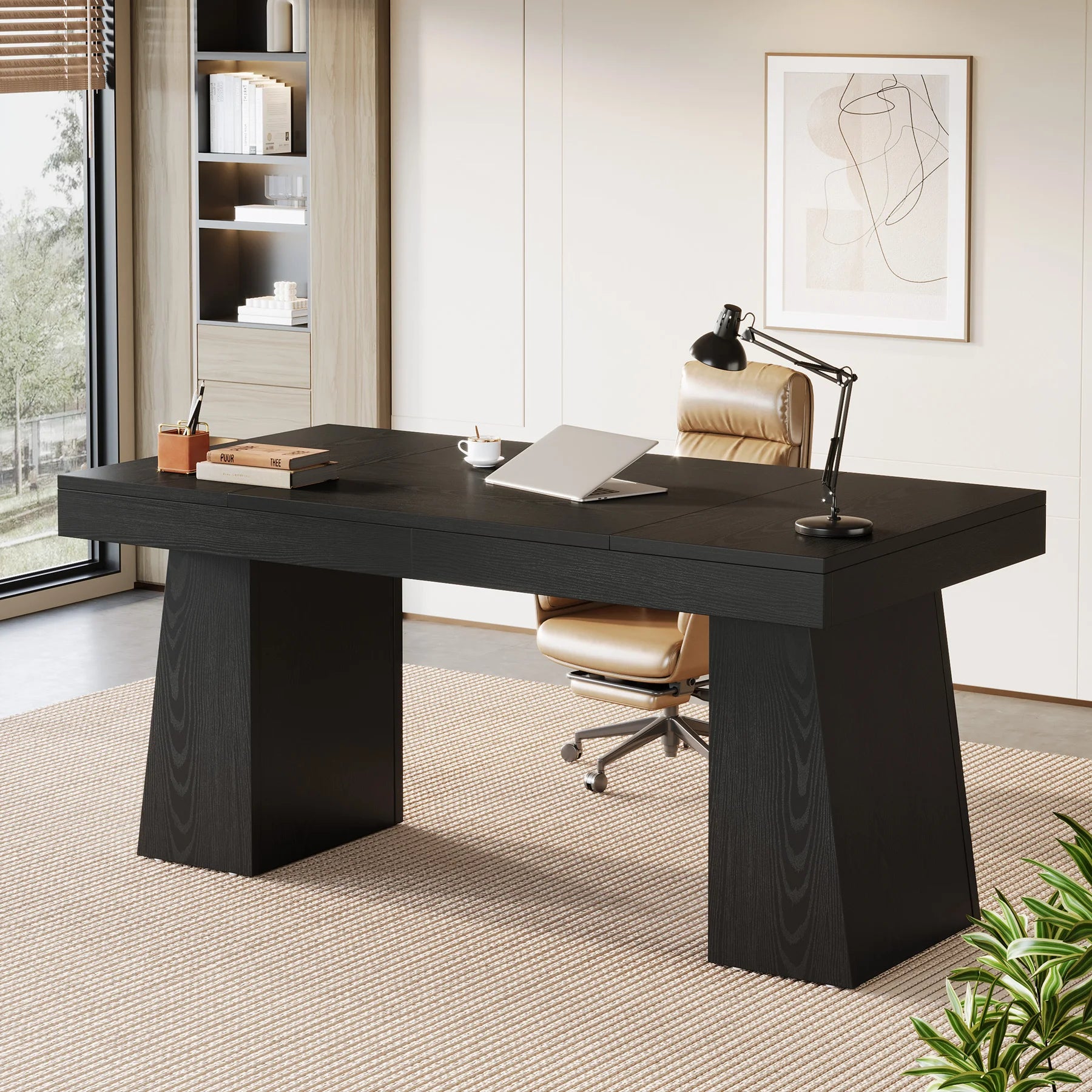 US Local 55 Inches Executive Desk, Mid-Century Modern Home Office Desk, Wood Computer Desk Business Workstation Desk