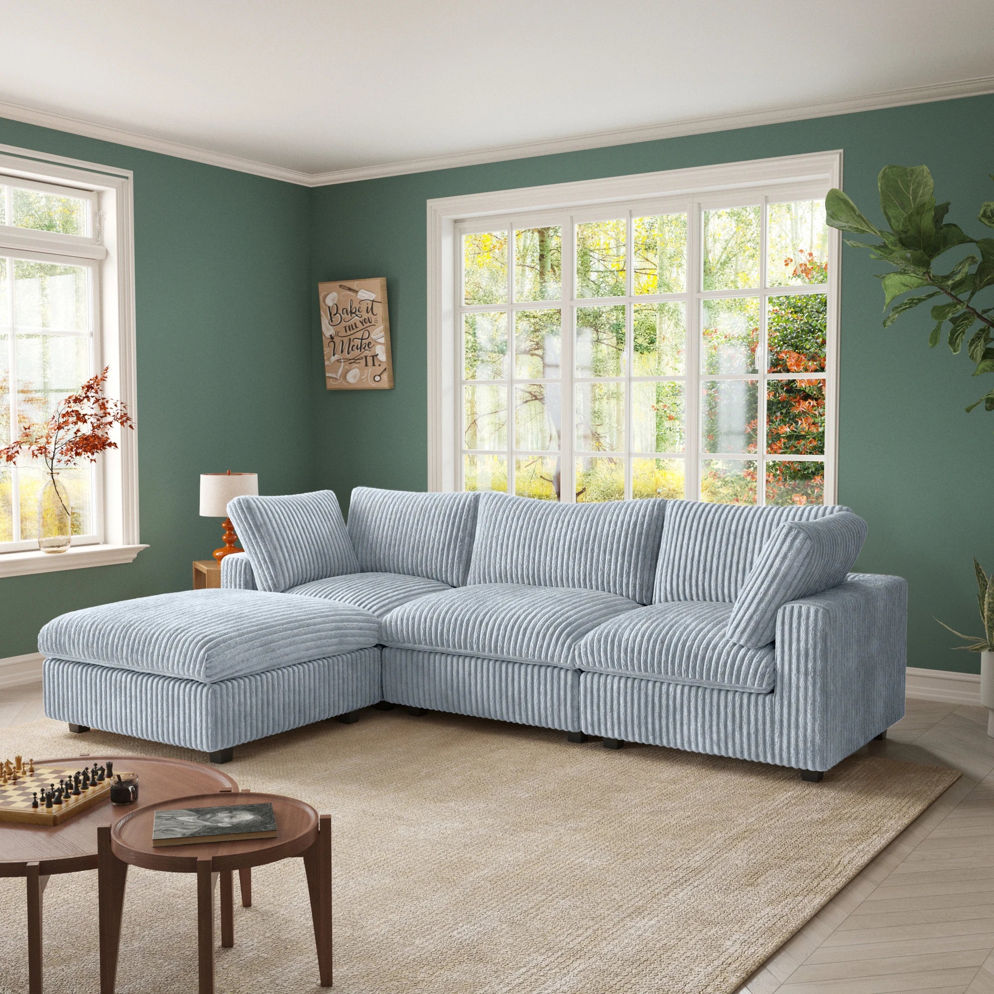 VOXHOME US Drop Shipping Apartment 3 Seater American Corduroy Sofa Living Room Furniture Brown Modular Sectional Couch Sofa Set