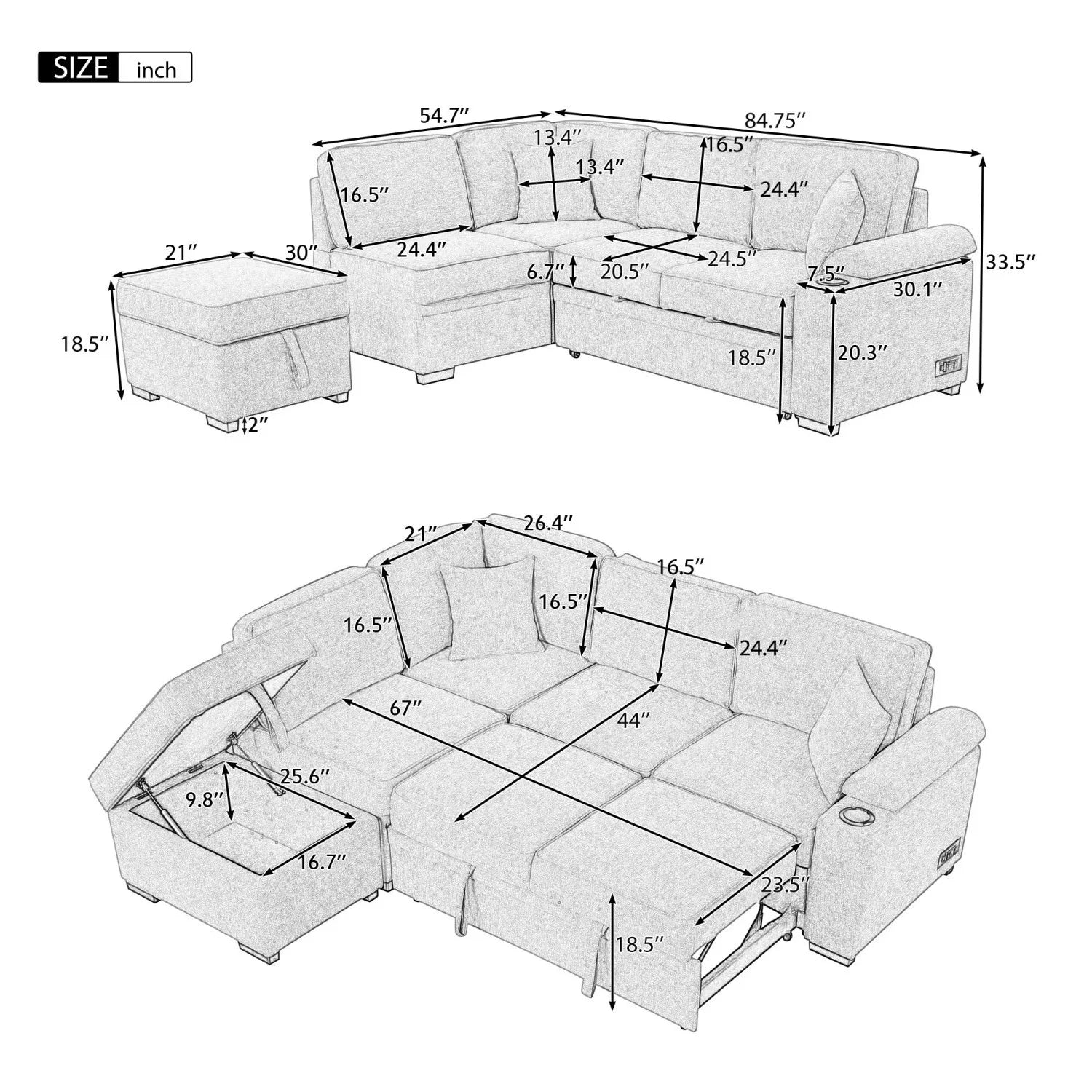 Three Seat Fabric Sofa Bed Pull-Out Function 2-in-1 L-Shape Couch Storage Ottoman for Living Room Bedroom Hotel Small Apartments