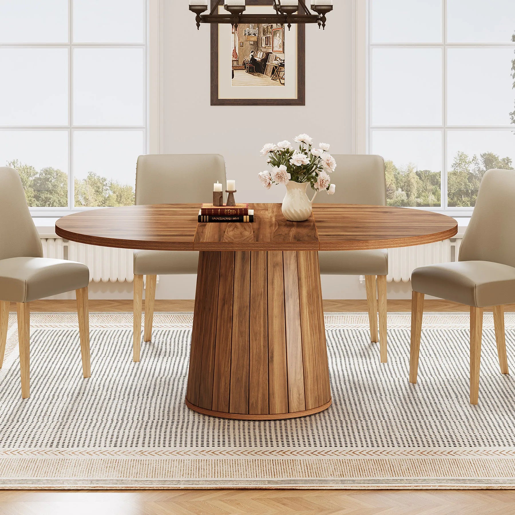 55" Oval Dining Table for 6, Farmhouse Table with Sturdy Pedestal Base for Family Gatherings in Kitchen & Dining Room