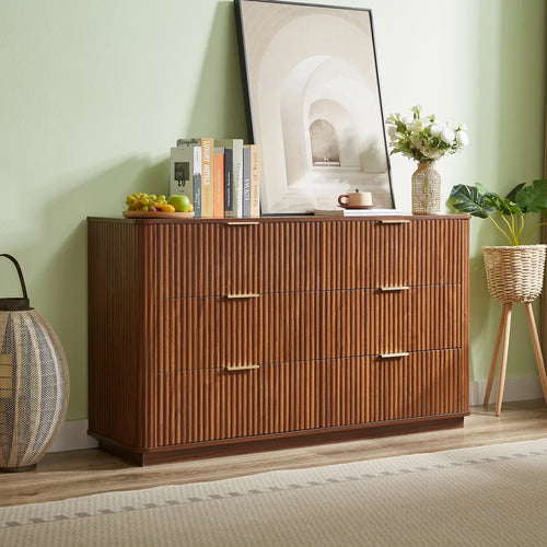 6-Drawer Modern Solid Wood Dresser with Curved Wave Design 55" Wide TV Stand for Bedroom Living Room & Hallway-Oak