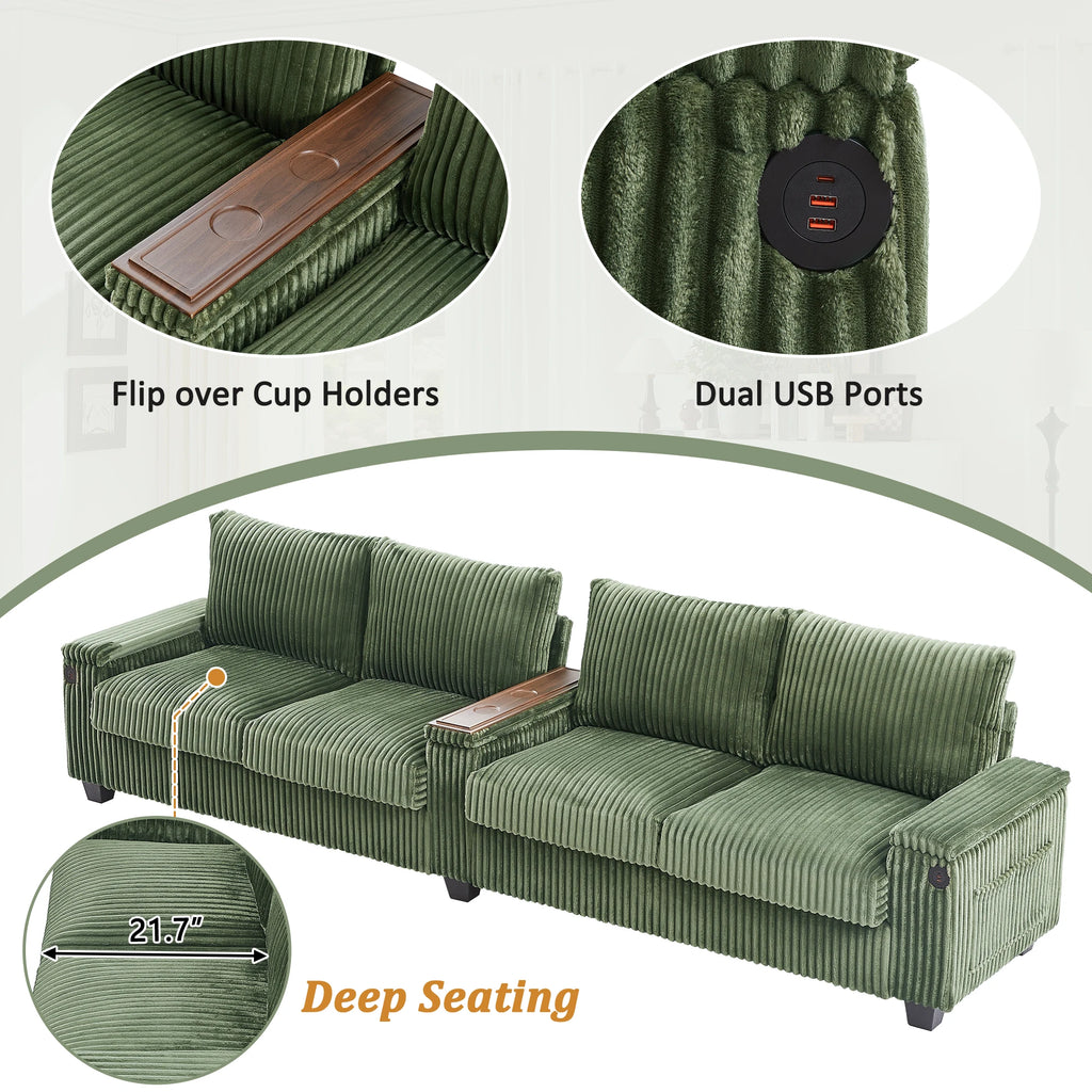 Modern Corduroy Sofa Couch USB Ports Hidden Storage Arms Flip-Top Cup Holders Reclining Feature for Bedroom Living Room