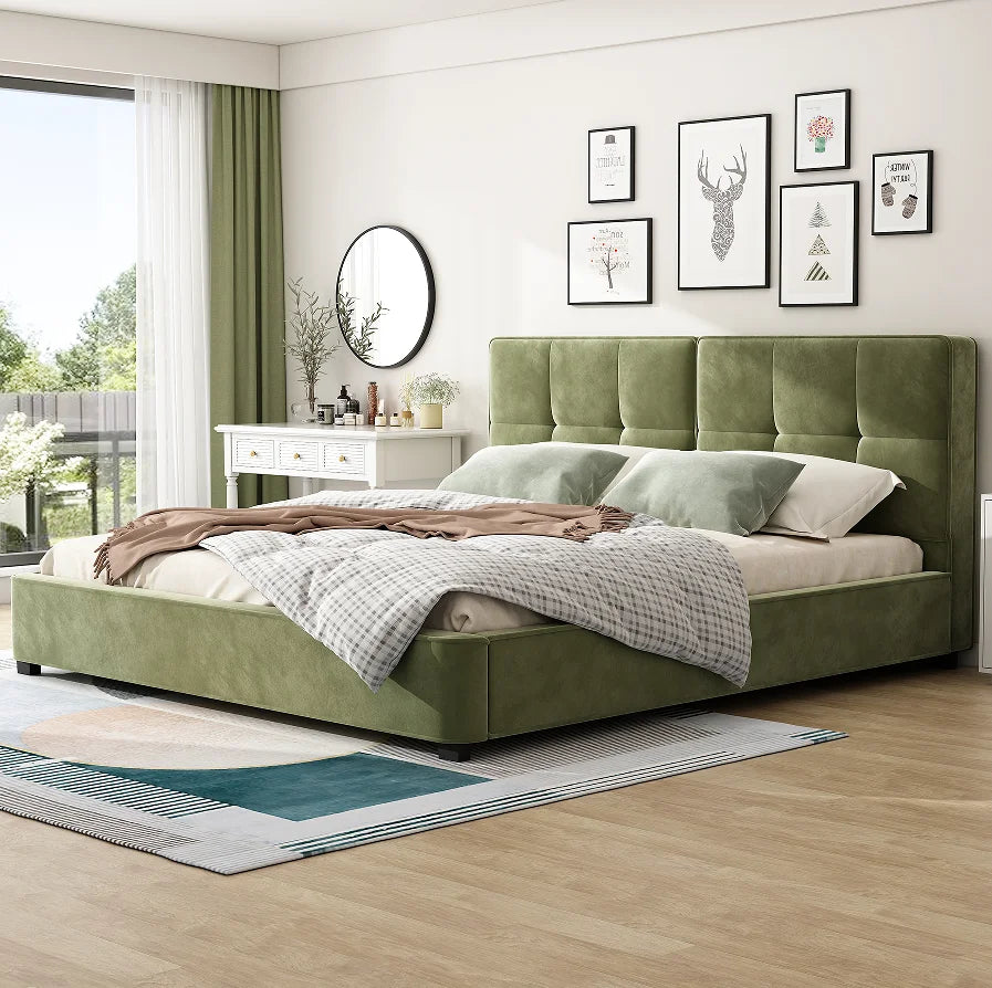 King Size Adjustable Velvet Bed Frames Modern Upholstered Platform Bed with Curved Tufted Headboard and Soft Square Corners