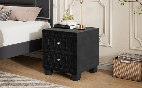 Elegant Luxury Modern Velvet Bedroom Nightstand 2 Drawers Crystal Handle Button-Tufted Pink Panel Design Durable Home Furniture