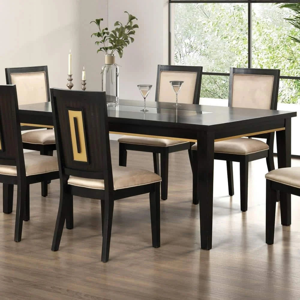 7pc Modern Dining Set with Espresso Dining Table and Glass Insert Top 6 Chairs-Wooden Hotel Apartment Dining Room Furniture