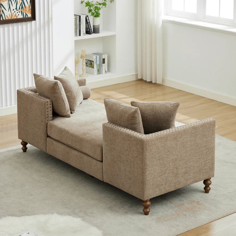 M Modern Wooden Sofa Bench Chenille Upholstered Sleeper Indoor Lounge Rubberwood Legs Chaise for Bedroom Living Room