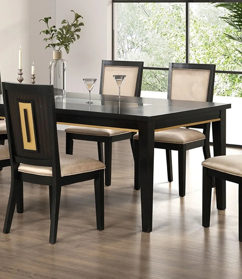 7pc Modern Dining Set with Espresso Dining Table and Glass Insert Top 6 Chairs-Wooden Hotel Apartment Dining Room Furniture