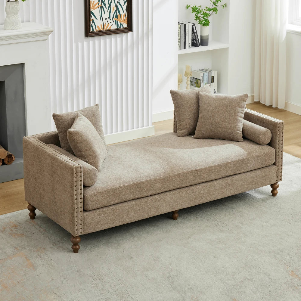 M Modern Wooden Sofa Bench Chenille Upholstered Sleeper Indoor Lounge Rubberwood Legs Chaise for Bedroom Living Room