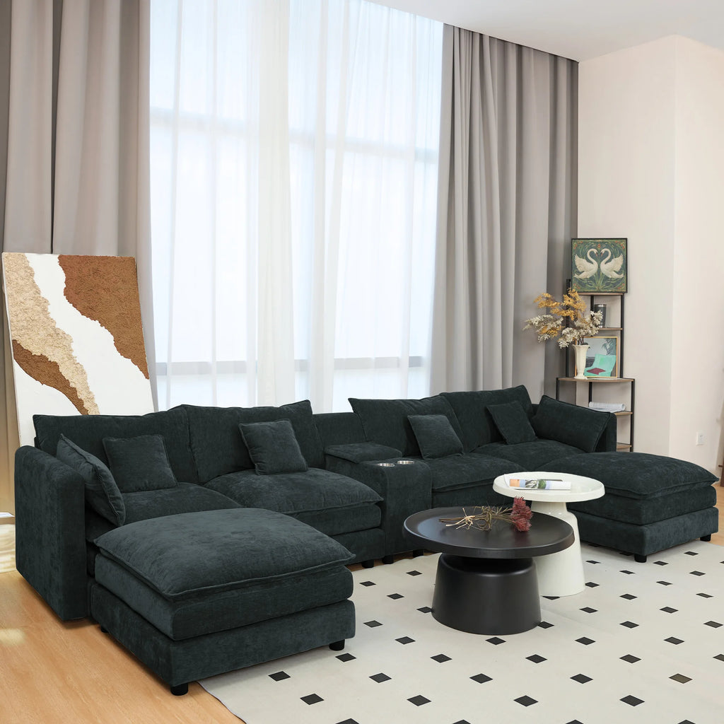 U Shaped Convertible Modular Sectional Sofa Set 144" Comfy Fluffy Chenille 6 Seat Living Room Ottoman
