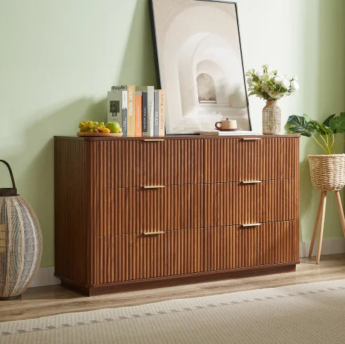 6-Drawer Modern Solid Wood Dresser with Curved Wave Design 55" Wide TV Stand for Bedroom Living Room & Hallway-Oak
