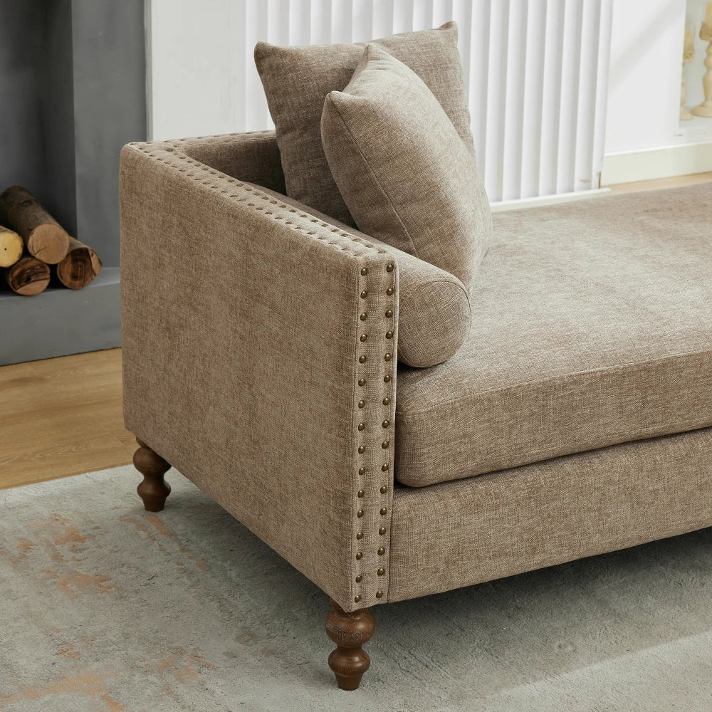 M Modern Wooden Sofa Bench Chenille Upholstered Sleeper Indoor Lounge Rubberwood Legs Chaise for Bedroom Living Room