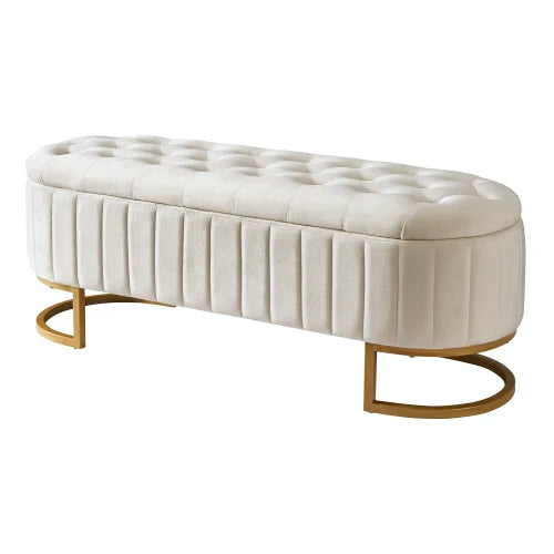 Elegant Upholstered Velvet Storage Ottoman with Button-Tufted,Storage Bench with Metal Legs for Bedroom Living Room