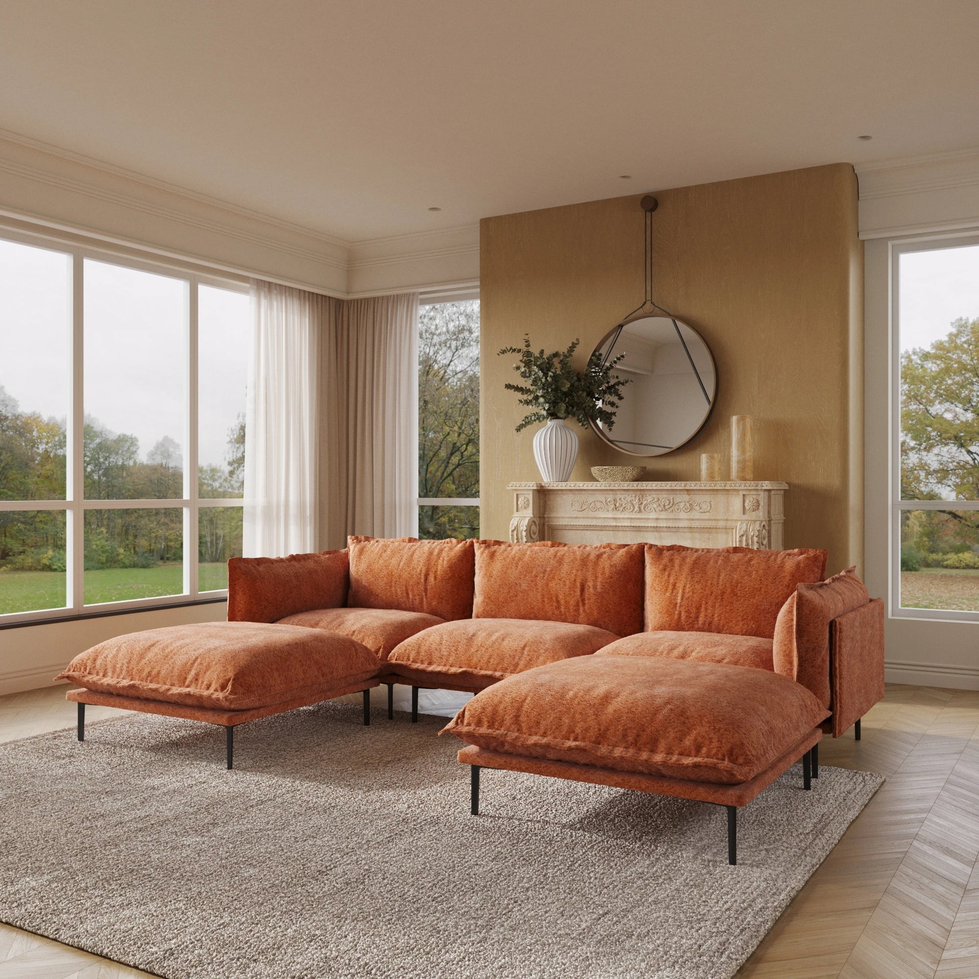 VOXHOME US Drop Shipping Modern Apartment Living Room Furniture 2 3 4 5 Seater Orange Velvet Modular Sectional Couch Sofa Set