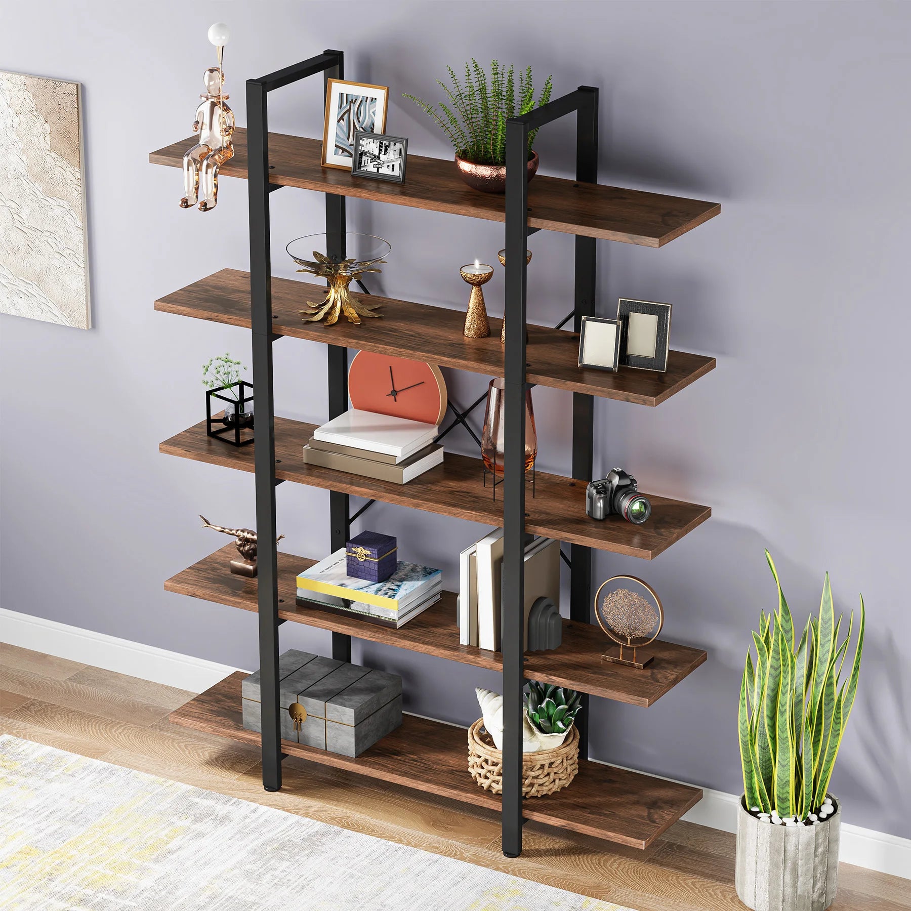 US Local 5-Tier Bookshelf, Industrial Bookcase, Vintage Tall Book Rack, 70" H X 11" D X 47" W, Fo Living Room, Home Office