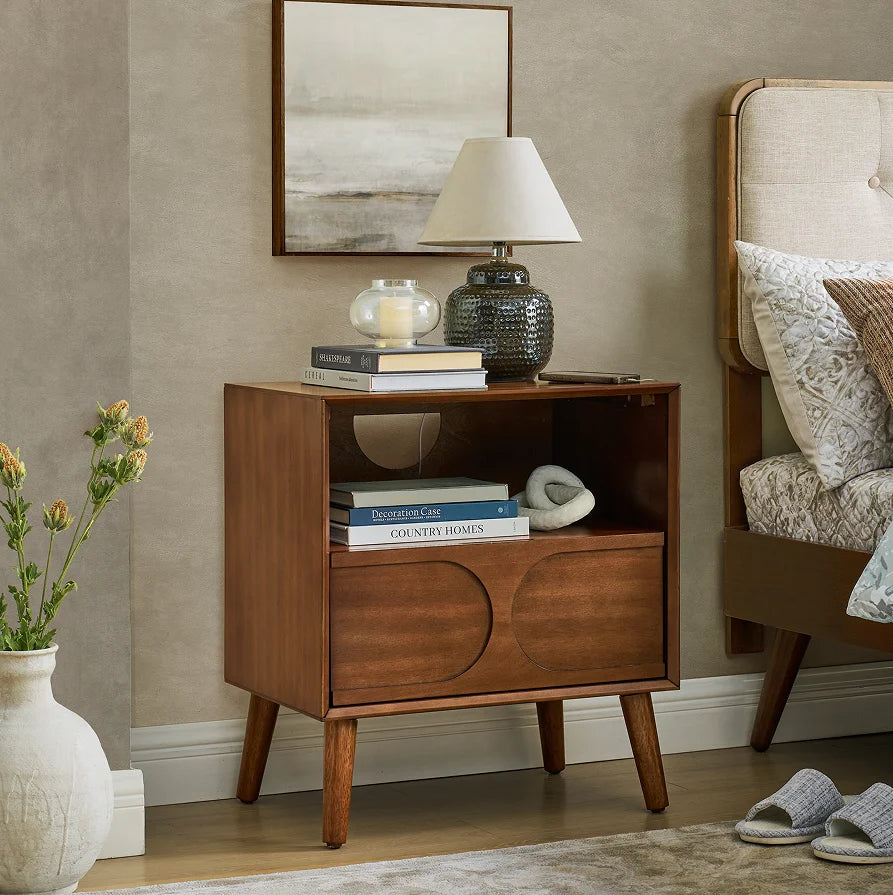Mid Century Modern Fluted Bedroom Nightstand with Charging Station USB Ports & Outlet Hole & 4 Solid Wood Legs Eco-Friendly