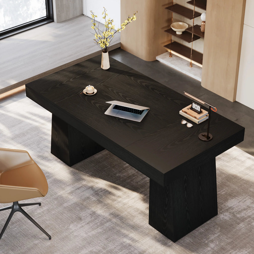 US Local 55 Inches Executive Desk, Mid-Century Modern Home Office Desk, Wood Computer Desk Business Workstation Desk