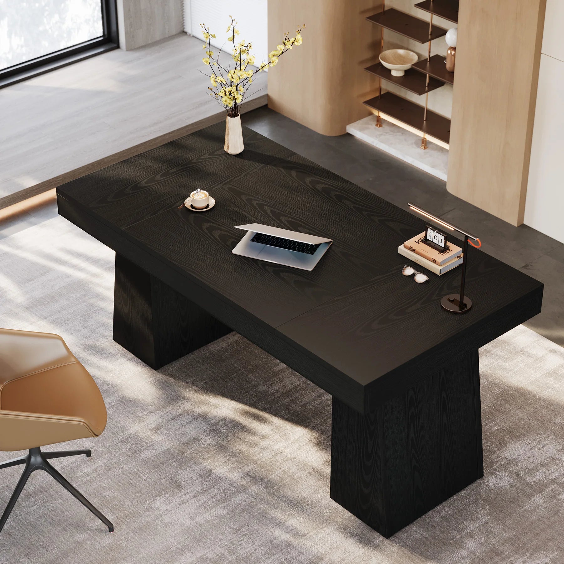 US Local 55 Inches Executive Desk, Mid-Century Modern Home Office Desk, Wood Computer Desk Business Workstation Desk