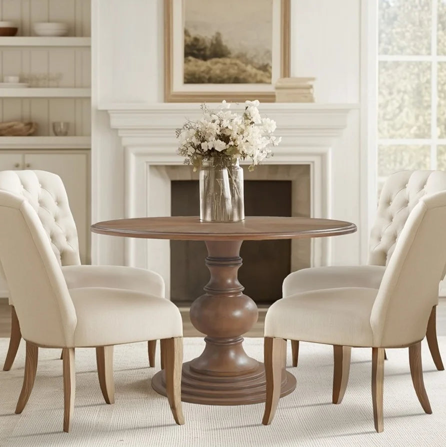 46" Round Pedestal Dining Table Walnut Modern Solid Wood Assembled