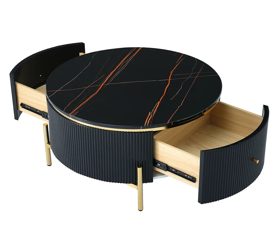Modern Marble Round Coffee Table with 2 Large Drawers Storage Portable Accent Table for Living Room (31.5'')