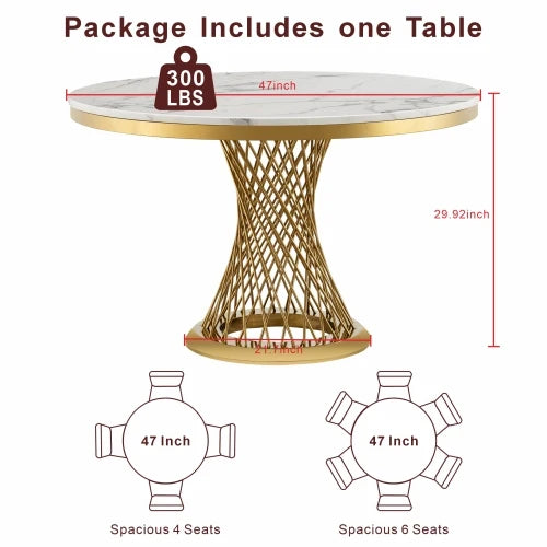 47" Round Marble Top Dining Table Luxury Modern Design Durable Eco-Friendly Dining Room Furniture for Home Hotel Restaurant Use