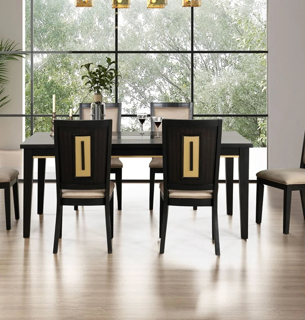 7pc Modern Dining Set with Espresso Dining Table and Glass Insert Top 6 Chairs-Wooden Hotel Apartment Dining Room Furniture