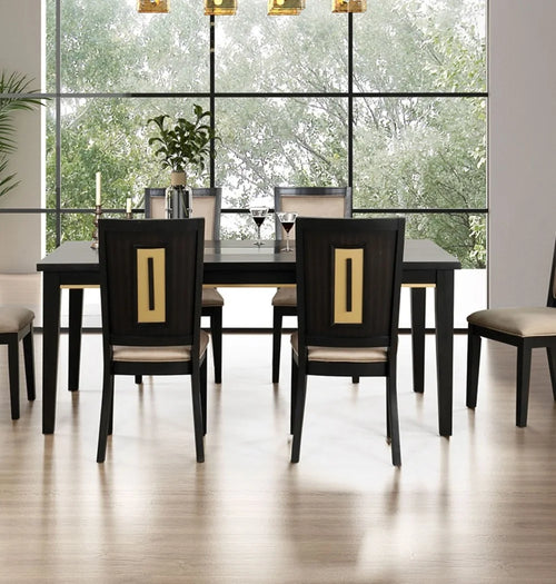 7pc Modern Dining Set with Espresso Dining Table and Glass Insert Top 6 Chairs-Wooden Hotel Apartment Dining Room Furniture