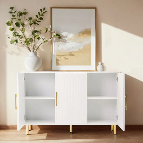 3-Door Large Storage Modern Eco-Friendly Sideboard with Gold Handles for Kitchen Dining Living Rooms-White Buffet Cabinet